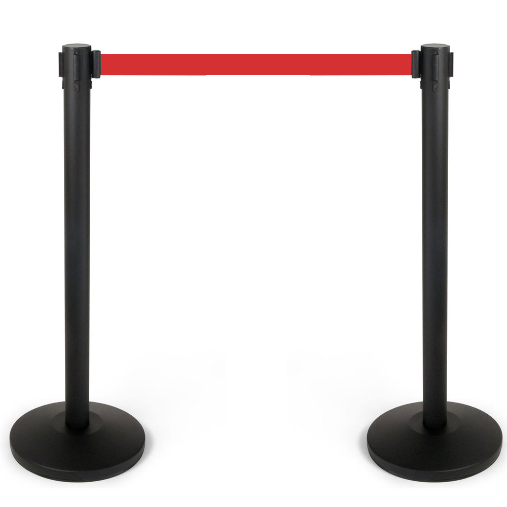 Crowd control barrier black with red retractable belt